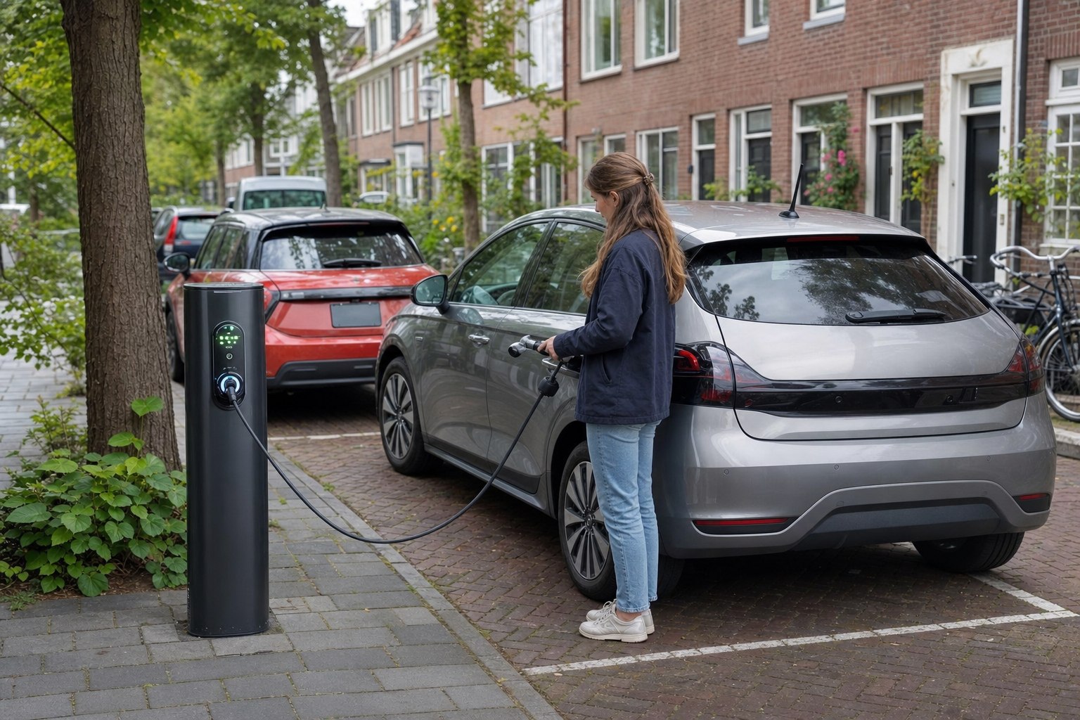 Bestuurder controleert de koppeling en verlichting van een aanhanger op een oprit
