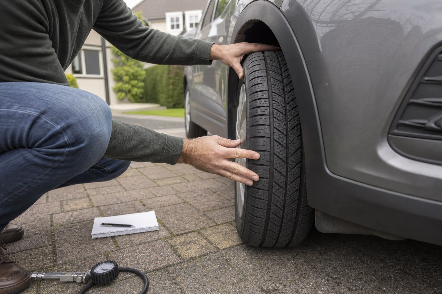 Automobilist controleert met beide handen het profiel van een autoband op een oprit