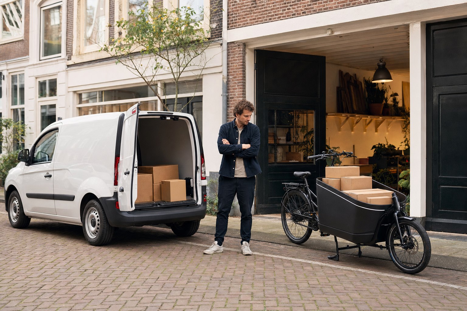 Ondernemer vergelijkt een witte bestelbus met een zwarte elektrische bakfiets voor zijn werkplaats