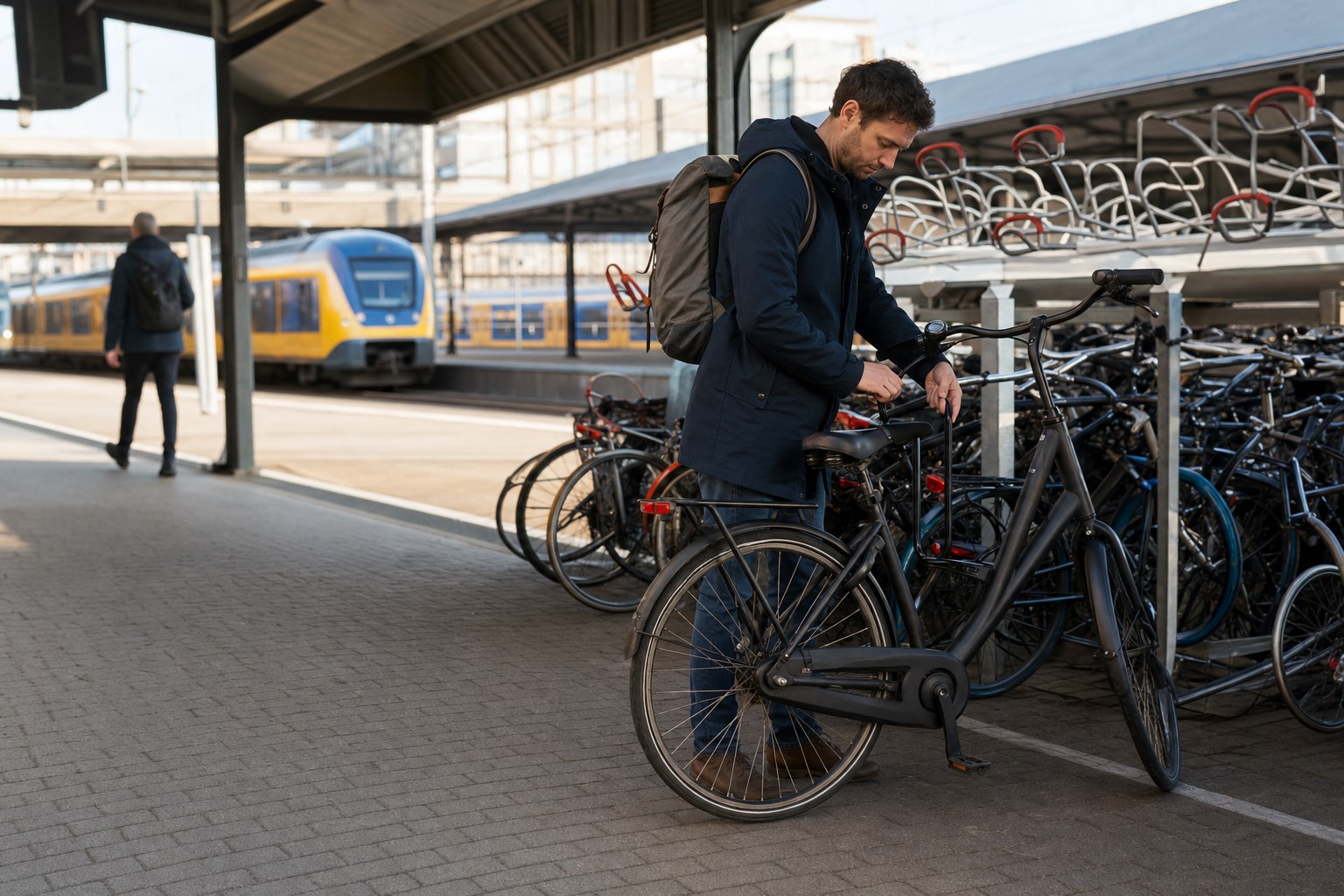 Forens zet een stadsfiets op slot bij een stationsstalling met een trein op de achtergrond